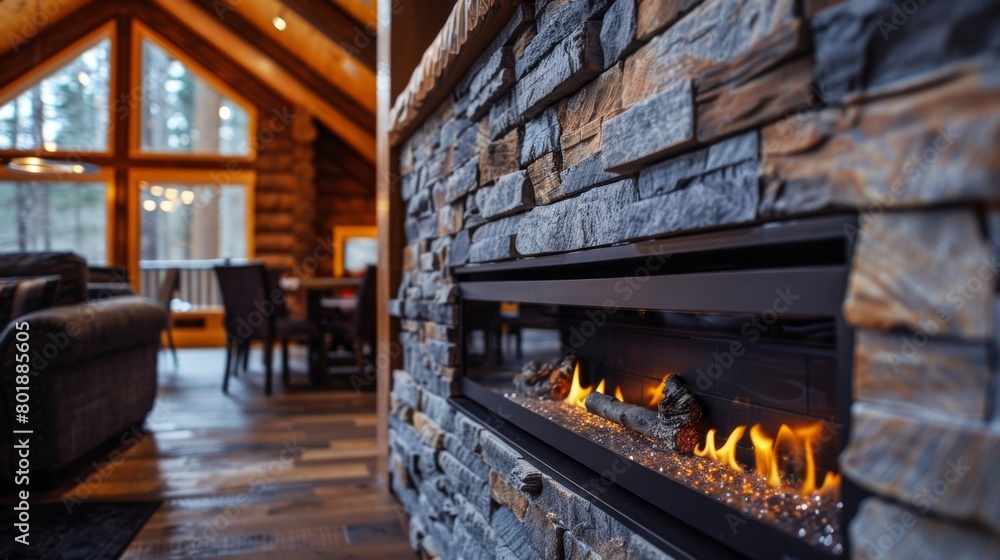 Nestled within a stone feature wall the linear gas fireplace adds rustic charm and warmth to the cozy cabin interior. 2d flat cartoon. Nestled within a stone feature wall the linear gas fireplace adds rustic charm and warmth to the cozy cabin interior. 2d flat cartoon.