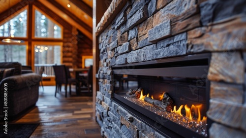 Nestled within a stone feature wall the linear gas fireplace adds rustic charm and warmth to the cozy cabin interior. 2d flat cartoon.