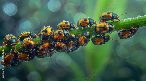 An enchanting scene of golden tortoise beetles clustered together on a plant stem, creating a mesmerizing display of metallic hues.
