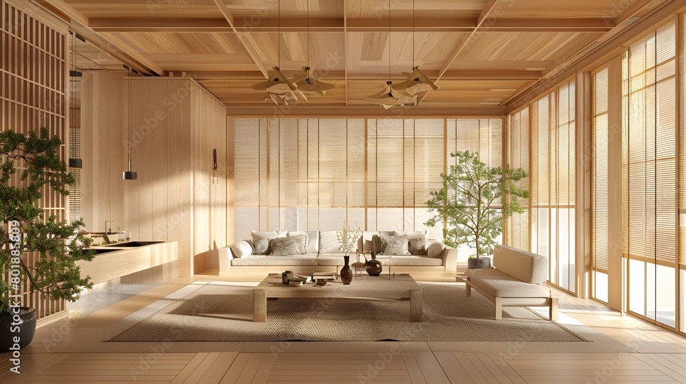 The living room features a Japanese-style natural wood design, conveys a cozy and warm atmosphere with sunlight. The living room features a Japanese-style natural wood design, conveys a cozy and warm atmosphere with sunlight.