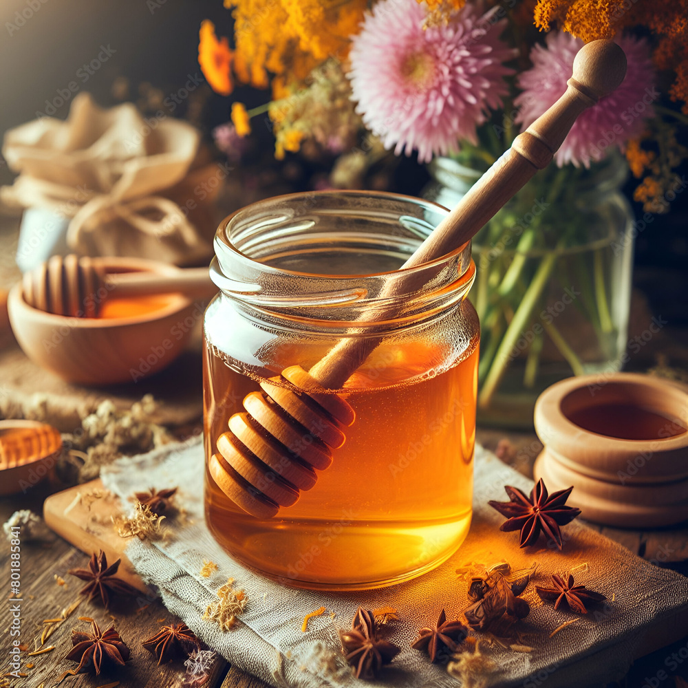 Orange blossom pure honey with natural background Orange blossom pure honey with natural background