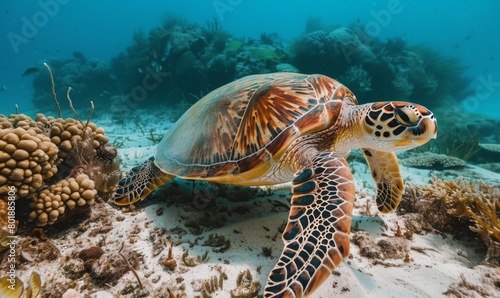 sea turtle swimming on seabed.