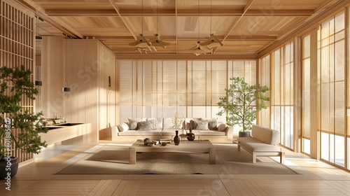 The living room features a Japanese-style natural wood design  conveys a cozy and warm atmosphere with sunlight.