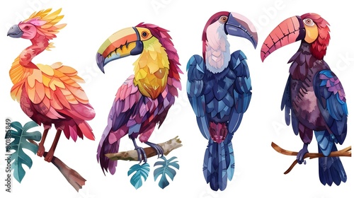  Unique Cartoon Style Safari Animal Set Featuring Uakari, Umbrellabird, Sloth, and Urial photo