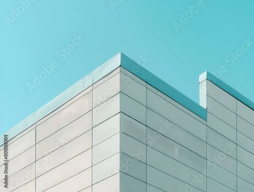  The building is designed in an architectural style with minimalist details, showcasing its sharp angles against a clear sky background. 