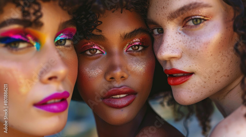 Closeup of three diverse models with colorful makeup, each showcasing different styles and looks against an urban backdrop, capturing the essence of diversity in beauty and fashion photography
