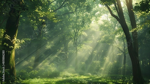 A lush green forest with sunlight streaming through the trees, casting dappled shadows on the ground. The scene has a focus on nature in the style of face.
