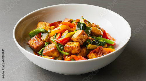 A single portion of colorful vegetable stir-fry served in a white ceramic bowl, showcasing an array of vibrant vegetables and tofu, lightly glazed with savory sauce, ready to be enjoyed 