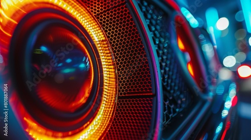 Close-up of a car speaker grille illuminated with colorful LED lights, adding a futuristic flair to the vehicle's audio system. photo