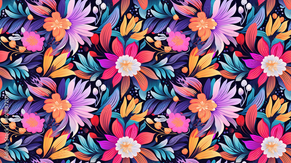 vibrant seamless floral pattern with tropical flowers and leaves