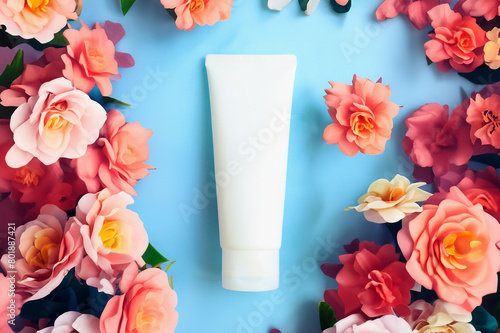 Cosmetic tube, pink roses flowers on blue background. White moisturizing Cream, skincare product blank mockup package. Bottle of moisturizer, sunscreen lotion, balsam, toothpaste, scrub