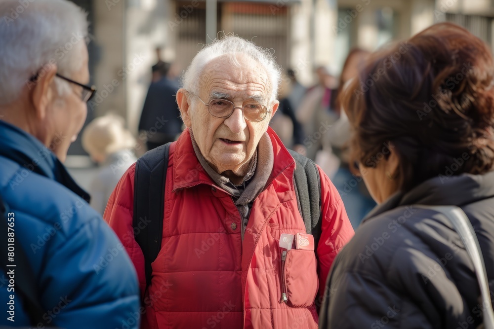 Portrait of an elderly man in a red jacket with a backpack in the city Portrait of an elderly man in a red jacket with a backpack in the city