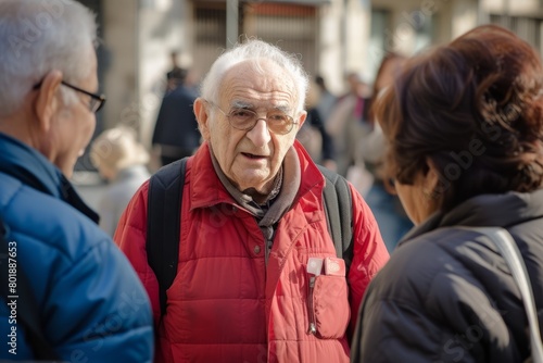Portrait of an elderly man in a red jacket with a backpack in the city