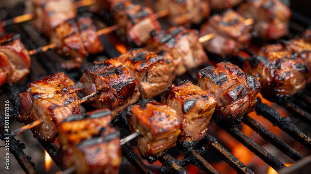 Close-up of marinated pork collar skewers grilling over hot coals, emitting mouthwatering aromas in an outdoor barbecue. Close-up of marinated pork collar skewers grilling over hot coals, emitting mouthwatering aromas in an outdoor barbecue.