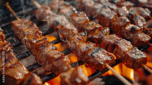 Close-up of marinated pork collar skewers grilling over hot coals, emitting mouthwatering aromas in an outdoor barbecue.