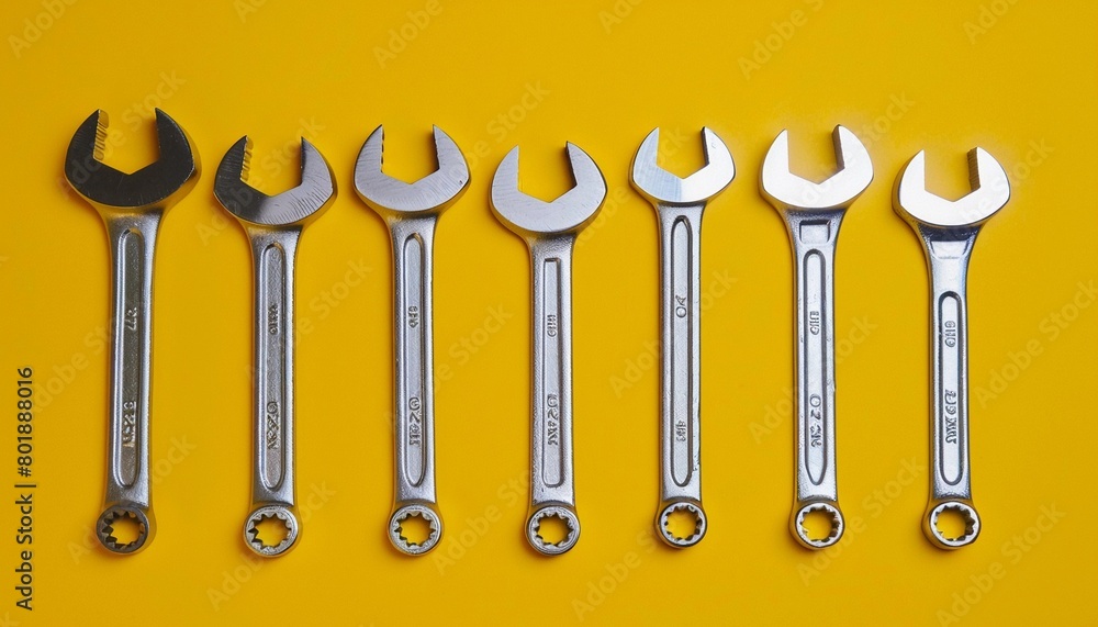 Flat lay Set of spanners on yellow background Concept of mechanical work, hardware maintenance and tool organization for con Flat lay Set of spanners on yellow background Concept of mechanical work, hardware maintenance and tool organization for con