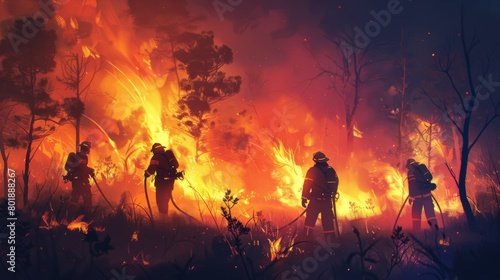 Dramatic scene of firefighters battling flames at night, illuminated by the glow of the raging wildfire.