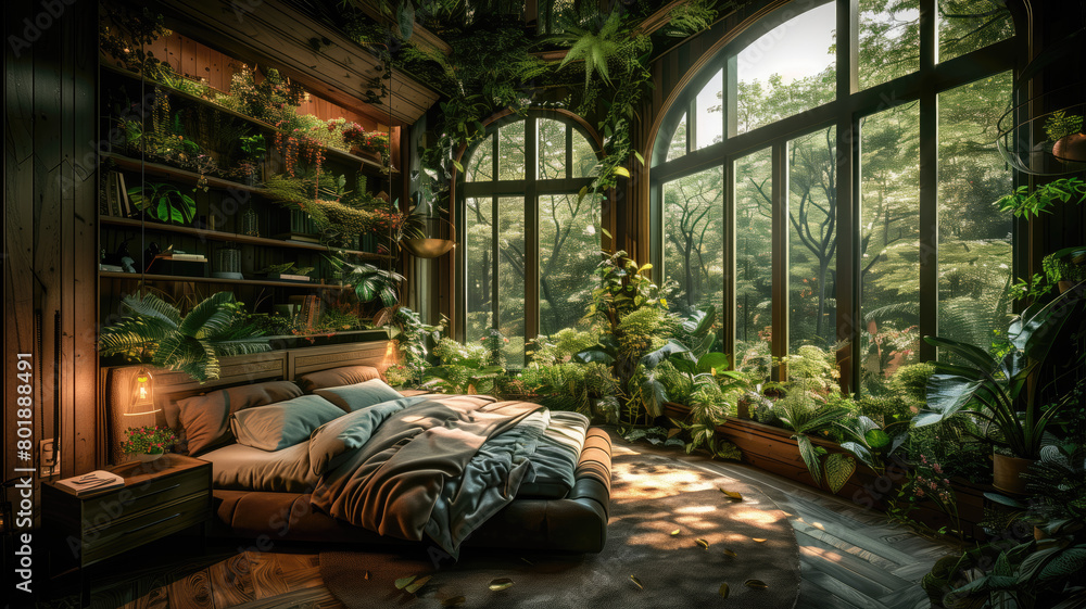 a jungle garden inside of the modern style bedroom Generative AI a jungle garden inside of the modern style bedroom Generative AI