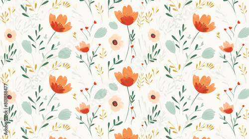 A seamless pattern with cute hand drawn flowers and leaves on a white background.