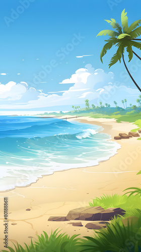 Sunlit Coastline  Scenic Beauty of a Summer Beach  Realistic Beach Landscape. Vector Background