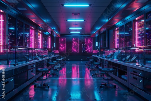 Futuristic lab, human DNA sequencing, neon blue and purple lights, wide angle, sleek modern style #801888634