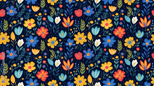 Colorful floral pattern with blue  yellow  and red flowers on a dark blue background.