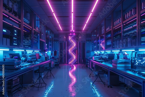 Futuristic lab, human DNA sequencing, neon blue and purple lights, wide angle, sleek modern style