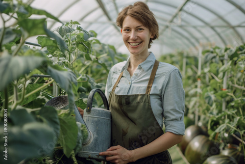 A smiling Caucasian woman spraying pesticide on cucumbers in a vegetable greenhouse.