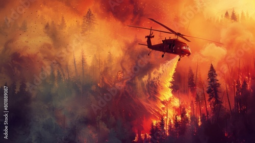 Helicopter dropping water onto a raging wildfire, desperately trying to quench the flames and save the forest.
