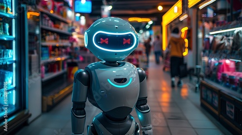 Wallpaper Mural Consumer service robot in store, welcoming neon lights, eye-level, friendly tech Torontodigital.ca
