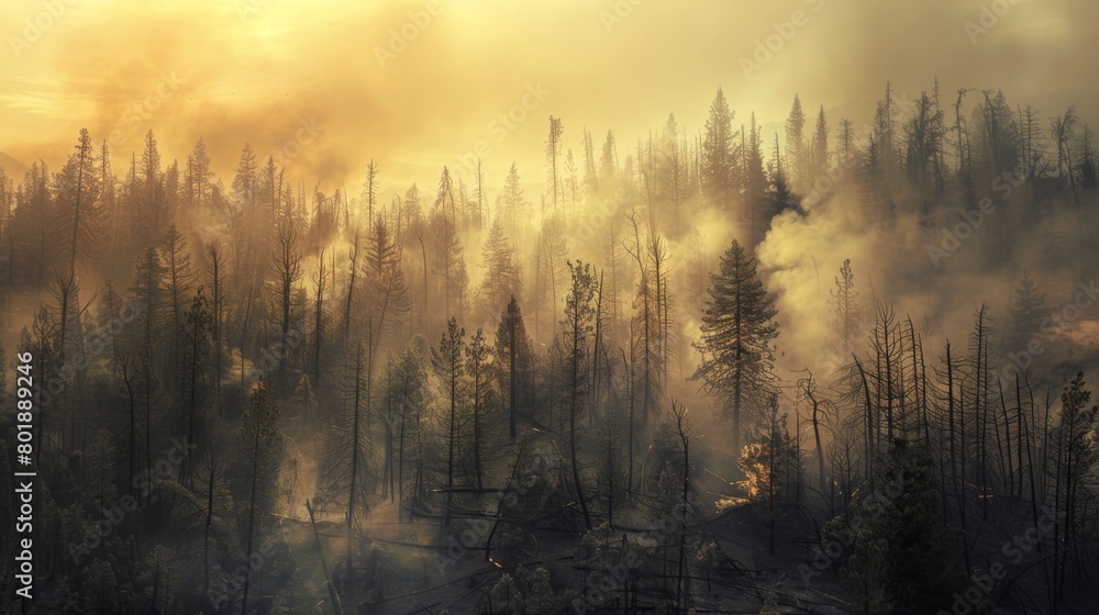 Smoky haze hanging over a forest after a fire, with firefighters still working to extinguish smoldering embers. Smoky haze hanging over a forest after a fire, with firefighters still working to extinguish smoldering embers.