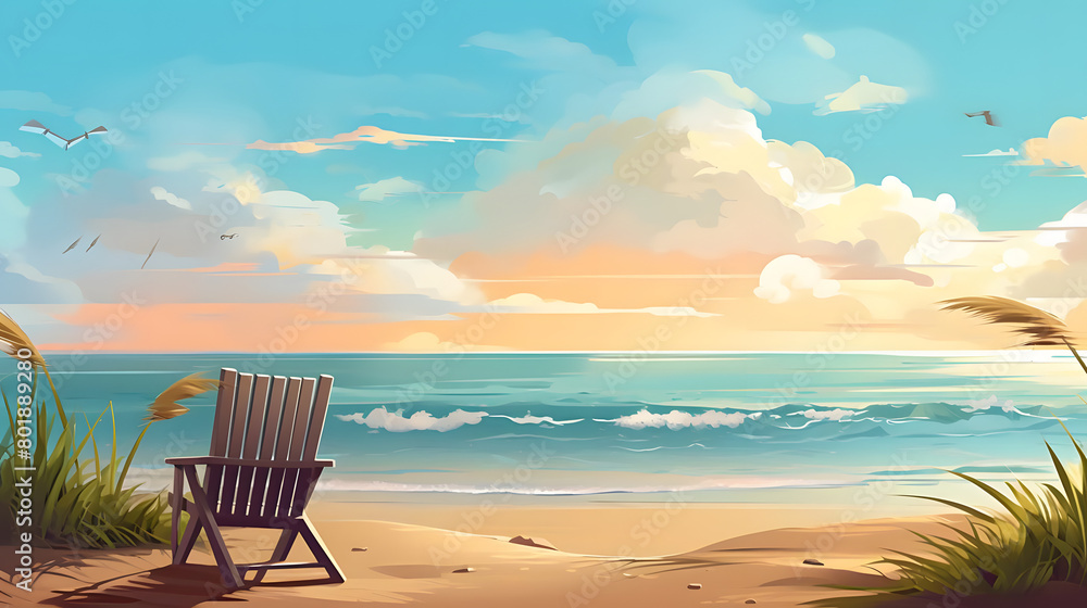 Coastal Haven, Relaxing Beach Scene under the Sun, Realistic Beach Landscape. Vector Background