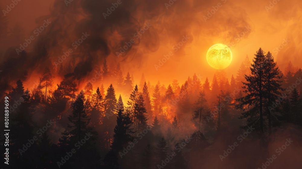 Fototapeta premium Thick smoke billowing from a burning forest, obscuring the sun and casting an eerie orange glow over the landscape.
