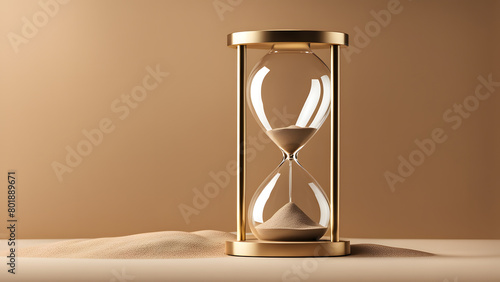 A gold and glass clock with sand on the ground