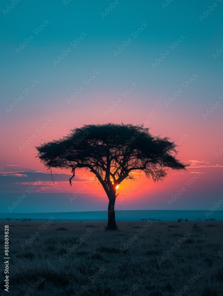 A minimalist shot of a Tanzanian sunset over the Serengeti, highlighting the natural beauty of the landscape.