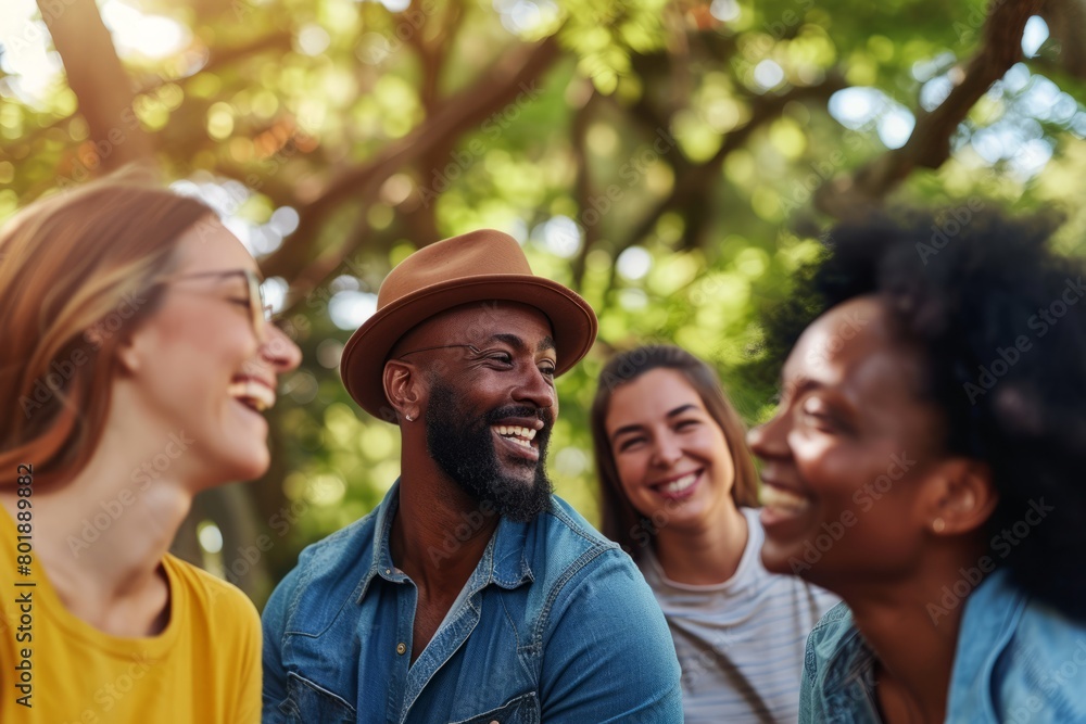 Group of diverse friends having fun together in the park. They are laughing and looking at each other. Group of diverse friends having fun together in the park. They are laughing and looking at each other.