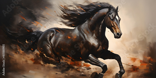 A painting of a horse with a long mane running in the wind  Painting of a black horse running in the desert with a cloudy sky generative ai 