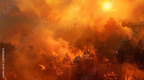 Thick smoke billowing from a burning forest, obscuring the sun and casting an eerie orange glow over the landscape.