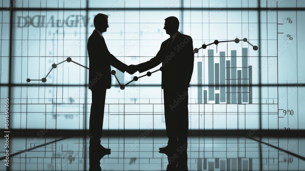Two business partners shaking hands in front of a large graph showing growth. Two business partners shaking hands in front of a large graph showing growth.