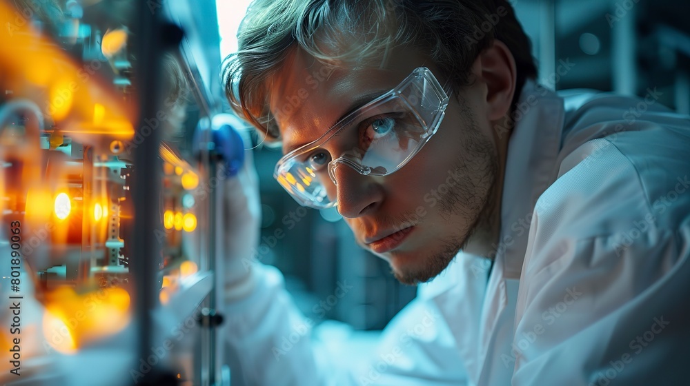 Scientist adjusting quantum processor, dim lab light, over-the-shoulder, precision work Scientist adjusting quantum processor, dim lab light, over-the-shoulder, precision work