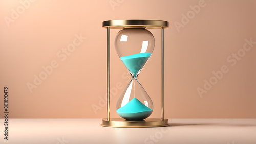 A gold and blue hourglass with sand in it