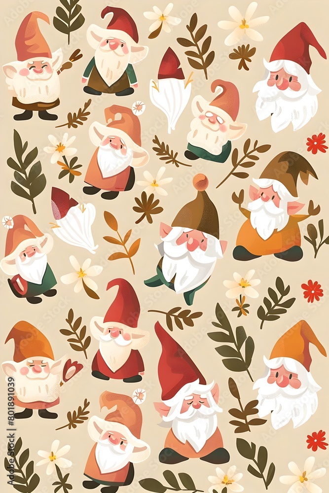 Charming Gnome Stickers Surrounded by Festive Floral and Earth Tones