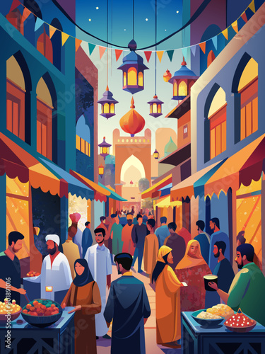 Colorful Marketplace in Middle Eastern City during Festival