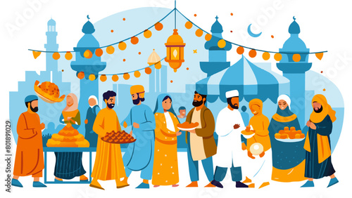 Vibrant Ramadan Gathering Illustration with Traditional Food and Dress