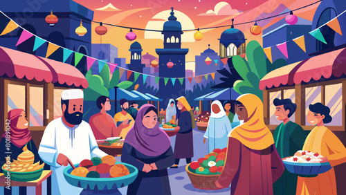 Vibrant Evening Market Scene with Diverse Shoppers and Traditional Festivities