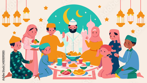 Happy Muslim Family Celebrating Ramadan Together with Traditional Feast