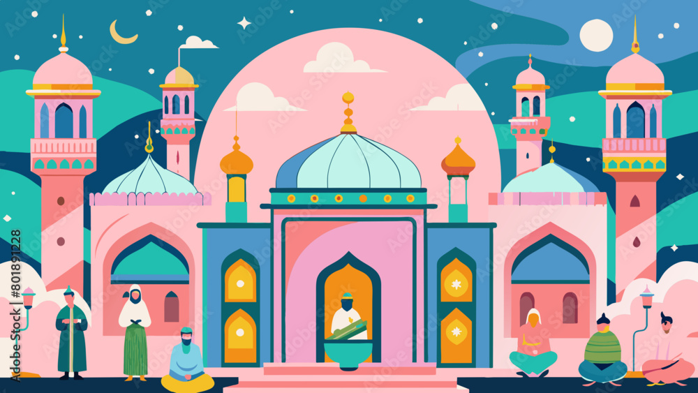 Colorful Illustration of Muslim Community Celebrating Ramadan