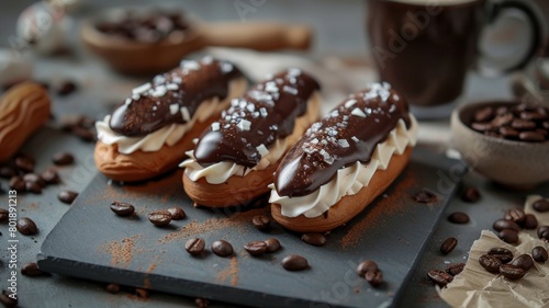 Three chocolate covered donuts with powdered sugar on top
