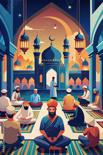 Serene Mosque Gathering at Sunset with Worshippers in Prayer