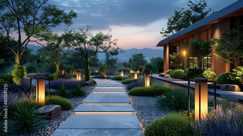 Serene Twilight Walkway: Illuminated Garden Scene
